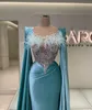 Evening Mermaid Dresses V Neck Feather Capes Sleeveless Sequins Appliques Beaded Satin Diamonds Hollow Sexy Celebrity Prom Dress Plus Size Customized