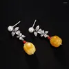 Dangle Earrings S925 Pure Silver Retro Natural Honey Wax Amber Individual Leaf Children's High-grade And