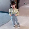 Clothing Sets Korean Spring Baby Girl Clothes Set Plaid Blouse Love Denim Overalls Strap Jeans Toddler Autumn Children Birthday