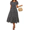 Casual Dresses Women Fashion Lantern Sleeve Ladylike Style Al Printing Dress Summer A-line Pleated Mid-waist Long