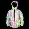 Men's Down Winter Men Colorful Reflective Parkas Hooded Bird Nest Pattern Add Velvet To Keep Warm Street Night Light Fashion