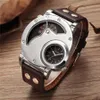 OULM Fashion Silver Case Heren horloges Dual Time Zone PU Leather Polshorwatch Casual Sports Male Watch Relogio Masculino Pols279s