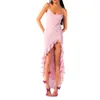 Robes décontractées Femmes Summer Slip Robe longue Spaghetti Strap Low Cut Solid / Papillon Imprimer Ourlet à volants Moulante pour la plage