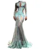 2023 High Neck Prom Dresses Long Sleeves Mermaid Evening Dresses Illusion Lace Formal Cutaway Side Celebrity Gowns BC0003 GC1222