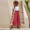 Pantalones de mujeres Cintura elástica de verano Color sólido Algodón y cinturón de lino pierna ancha Noveno S-3XL Ropa de tamaño más