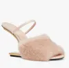 Winter Nice First Women Sandals Shoes Fur Strap Gold-colored F-shaped Sculpted Heels Lady Mules Party Dress Peep Toe Slippers EU35-43