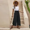 Pantalones de mujeres Cintura elástica de verano Color sólido Algodón y cinturón de lino pierna ancha Noveno S-3XL Ropa de tamaño más