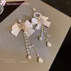 Серьги -грибки 2022 мода с белым бисером ограничиваемые жемчужные ушные зажимы Bowknot Long Tassel Clip подарки
