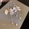 Stud Earrings 2022 Fashion White Beaded Limitation Pearl Ear Clips Bowknot Long Tassel Clip on