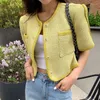 Vestes Femmes Coréen Chic Summer Mode 2022 Jaune Rond Manches Courtes Tweed Manteau Cardigan Bouton Plaid Femmes Veste Douce Chemise