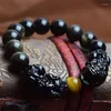 Strand Natural Golden Sheen Obsidian Bracelet Double Pixiu Chinese Fengshui Jewelry For Women Men Gift