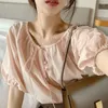 Women's Blouses Gentle Camisas De Mujer Lace Up Top Short Sleeve Pink Shirt Blusa Feminina Chic 2022 Blouse Women Elegant