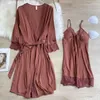 Women's Sleepwear Sweet Lace Women Robe Gown Suit Autumn Faux Silk Nightwear Sexy V-Neck Nightgown With Bra Intimate Casual Home Dress