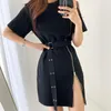 Casual jurken Straight Slit Crew Zipper Zwart T-shirt jurk Women Belt Taille Robe Summer Vestidos Streetwear Goth Wild Short Sleeve