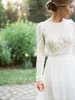 Country Style Bohemian Wedding Dresses A Line Sweep Train Lace Applique Beach Wedding Clows Juvel Neck Chiffon Koho Bridal Dress