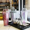 Garrafas de água copo de copo de parede dupla isolada com tampa e palha brilhando em pó flash simples para viagens para compras frias