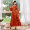 Ethnic Clothing Women Jacquard Satin Long Arabic Dress With Metalic Belt V Neck Elegant Muslim Robe Dubai Saudi Occasion Abaya Ramadan Eid