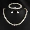 Necklace Earrings Set Women Fashion Artificial Pearl Rhinestone Push Back Wedding Party Jewelry White