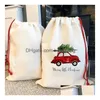 Juldekorationer Festival DString Candy Present Bag Plaid Canvas Sublimation Sack för DIY Printing Drop Delivery Home Garden Festi Dhng2