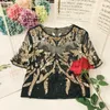 Women's T Shirts 2022 Vintage Elegant Beading Sequins Mesh Top Bling Perspective Short Sleeve Shirt Women Modis Tee Femme Tshirt