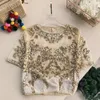 Women's T Shirts 2022 Vintage Elegant Beading Sequins Mesh Top Bling Perspective Short Sleeve Shirt Women Modis Tee Femme Tshirt