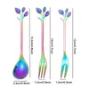 Leaf coffee Stirring Spoons Stainless Steel Tree Leaves Fruit Fork Three Teeth Dessert Cake Forks Household Party Flatware BH7001 TYJ