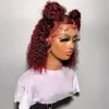 99J färgad spets främre mänskliga hår wig transparent djup våg peruk röd korta bob peruker för kvinna