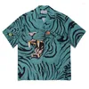 Camisas casuais masculinas azul tigre impressão wacko maria camisa homens mulheres havaianas top tee manga curta 205v