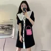 Feestjurken zomer korte jurk Korea sturen naar sterf chic retro temperament grote revers hit kleur inpakken met één borsten losse mini