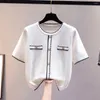 Women's T Shirts Korean Diamond Metal Button Knitted Shirt Woman Casual Baggy Loose Short Sleeve Tops White Black Summer Clothes For Women