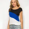 Women's Blouses Arrival Womens Black Blue And White Contrast Color Loose Round Neck Stitching Short-sleeved Party Shirt