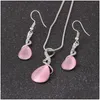 Orecchini Collana Design Opale rosa e anello Set di gioielli Gemma naturale Pietra Orecchini a goccia d'acqua Per le donne Set di consegna Dhwpd