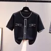 Women's T Shirts Korean Diamond Metal Button Knitted Shirt Woman Casual Baggy Loose Short Sleeve Tops White Black Summer Clothes For Women