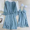 Women's Sleepwear Red Bride Wedding Robe Gown Suit Women Faux Silk Nightwear Sweet Lace Sexy V-Neck Nightgown Spring Autumn Home Dress