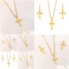 Earrings Necklace 18 K Yellow Fine Gold Filled Cross Pendantchain Set Small Mini Tax Stamp Christian Jewelry Sets Women Girl Jesus Dh7Td