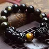 Strand Natural Golden Sheen Obsidian Bracelet Double Pixiu Chinese Fengshui Jewelry For Women Men Gift