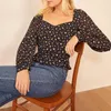 Blouses pour femmes Blouse femmes Vintage imprimé fleuri en mousseline de soie col en cœur à manches longues à volants ourlet hauts 2022 vêtements Blusas