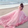 핑크 클라우드 3D 꽃 장미 웨딩 드레스 긴 얇은 명주 그물 푹신한 프릴 로브 드 Mariage 신부 가운 말했다 Mhamad 웨딩 드레스