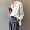 Camicette da donna Camicia da donna Primavera 2022 Versione coreana di temperamento di colore puro Sciolto e sottile Risvolto a maniche lunghe da donna