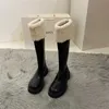 トップブーツ冬の新しい丸いヘッドナイトハイヒール厚いソールバックジッパーブラックフラット人工ウール女性の肥厚靴