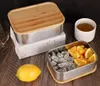 Lancheira de recipiente de alimentos de 800 ml com tampa de bambu Box de aço inoxidável Bento Caixa de madeira 1 Camada Cozinha de cozinha Fácil para pegar SS1223