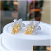 Stud Flower Cubic Zircon Earring Real 925 Sterling Sier Jewelry Gold Color Engagement Wedding Earrings Women Bridal Party Drop Delive Dhefx