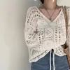 Women's Sweaters Women Spring College Cropped Lace Up Chic Khaki Pure Hollow Out Knitwear All-match Trendy Mujer Simple Aesthetic White