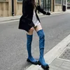 Top Boots Elastic Knee thigh High heel Boots Women's Thick Soled Square Head Denim Heels Show Thin Blue woman shoes winter 221223