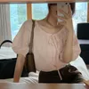 Women's Blouses Gentle Camisas De Mujer Lace Up Top Short Sleeve Pink Shirt Blusa Feminina Chic 2022 Blouse Women Elegant