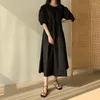 Casual Dresses Korean Loose Crew Puff Short Sleeve White Dress Women Pocket Vestidos Mujer Summer 2022 Robe Goth Maxi Y2k Black