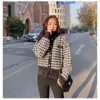 Kvinnors stickor Korean Houndstooth Kort tröja Cardigan Jacka Kvinnliga kläder Kvinnor Mink Fleece Knitwear Tops Vintage O-Neck stickade rockar