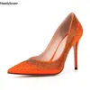 Heelslover Neue Damen Pumps Strass Sexy Stiletto Heels Spitzschuh Schöne Orange Partyschuhe Damen US Größe 5-13