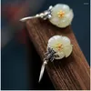 Ohrhänger im Vintage-Stil, 925er Silber, Nadel-Ohrhaken, kleine Biene, die Honig pflückt, weiße Jade, Kamelie, handgefertigt, elegante und frische Geschenke für Frauen