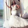 African Mermaid Wedding Dress Sweetheart Ruffle Royal Train Black Bride Dress Beading Formal Bridal Gown Plus Size Pageant